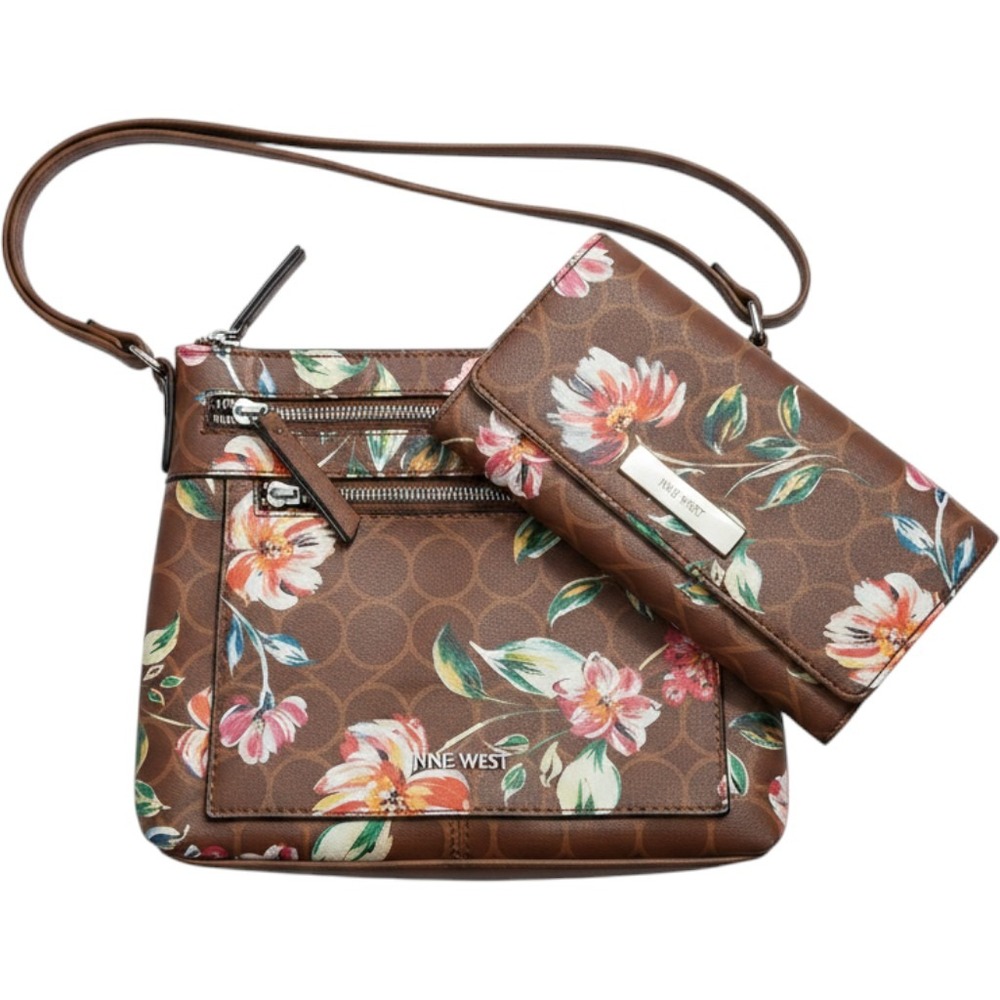 Nine West Brown Floral Crossbody Bag and Matching Wallet Set Womens NWOT